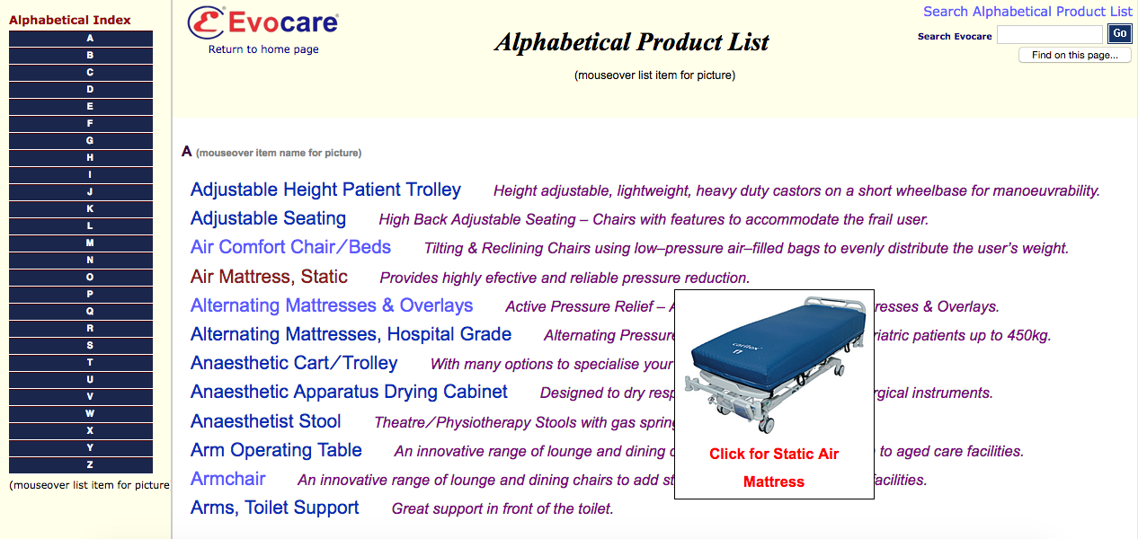 Alphabetical Product Listings page